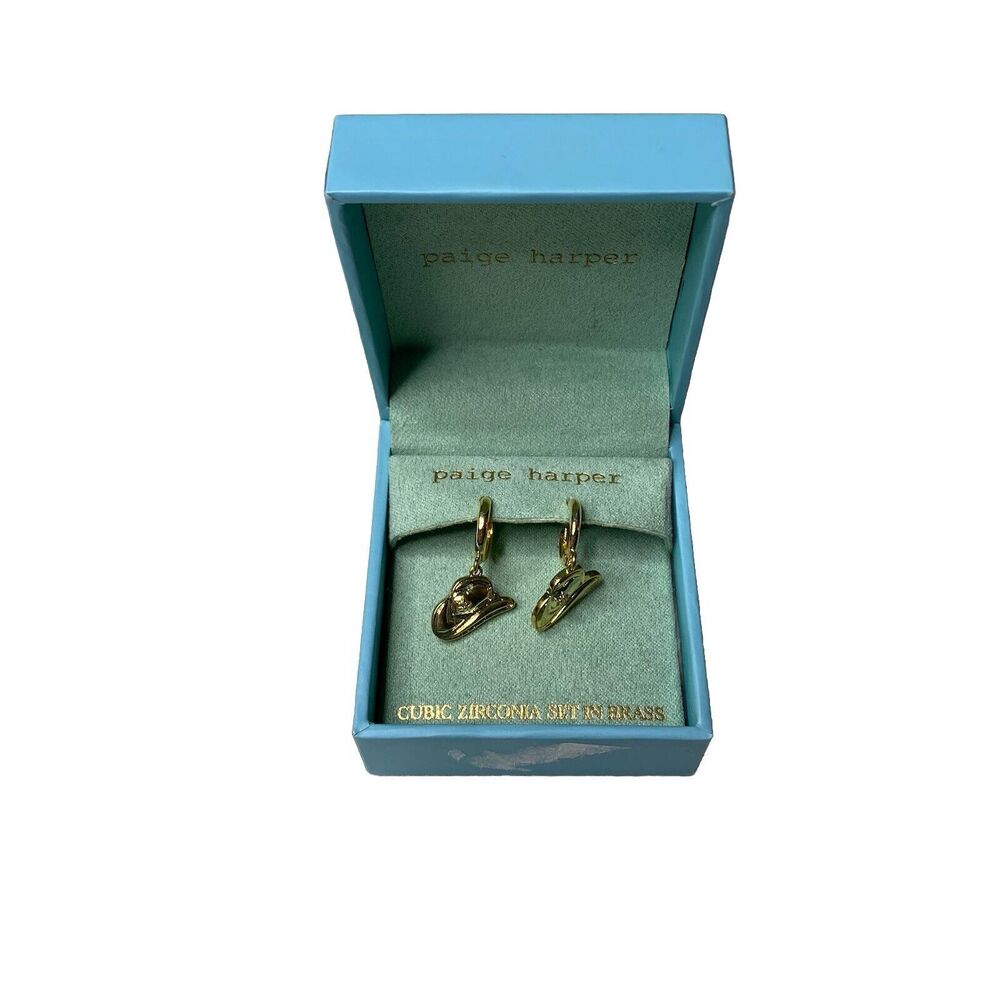 Paige Harper Gold Tone Cowgirl Cowboy Hat Cubic Zirconia Set in Brass Earrings